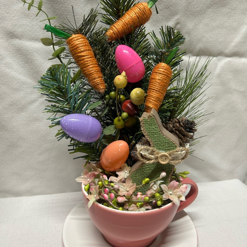 Festive EASTER Vignette Table display Holiday Decor in Pink Cup
